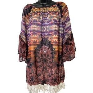 Urban Mangoz‎ Boho Tunic Dress Sheer Festival Fringe Bell Sleeve Womens M Medium
